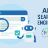 AI search engine illustration featuring a chatbot and search interface, symbolizing AI integration in digital marketing and SEO strategies.