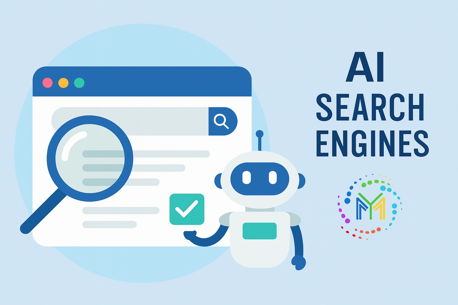 AI search engines with a robot character and a magnifying glass, symbolizing the impact of AI on digital marketing and search algorithms.