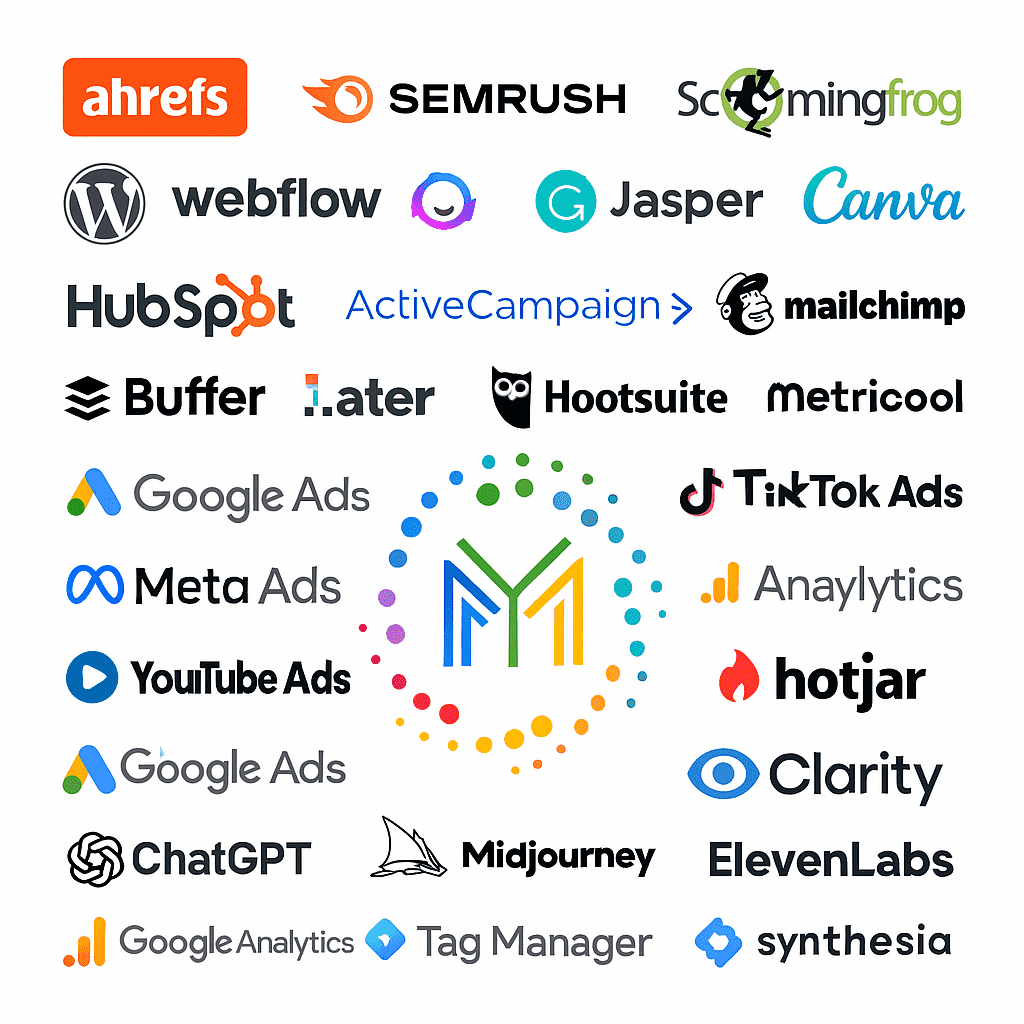 Logos of essential digital marketing tools including ahrefs, SEMRUSH, HubSpot, Google Ads, and more, representing key technologies for business success in 2025.
