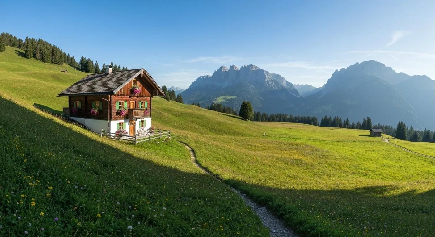Scenic view of a traditional wooden chalet surrounded by lush green fields and mountains, illustrating rural connectivity and community-driven solutions in remote areas.