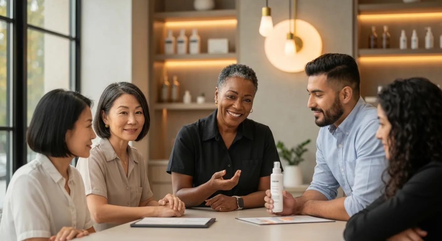Group of diverse professionals discussing skincare products in a modern med spa setting, emphasizing client engagement and service offerings related to aesthetic treatments.