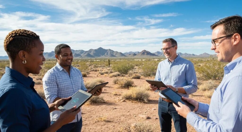 Minding Your Media team discussing digital marketing strategies in Arizona, analyzing tablet data.