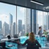 Business professionals collaborating in a modern office with city skyline view, emphasizing CRM automation and media mindfulness for improved ROI.