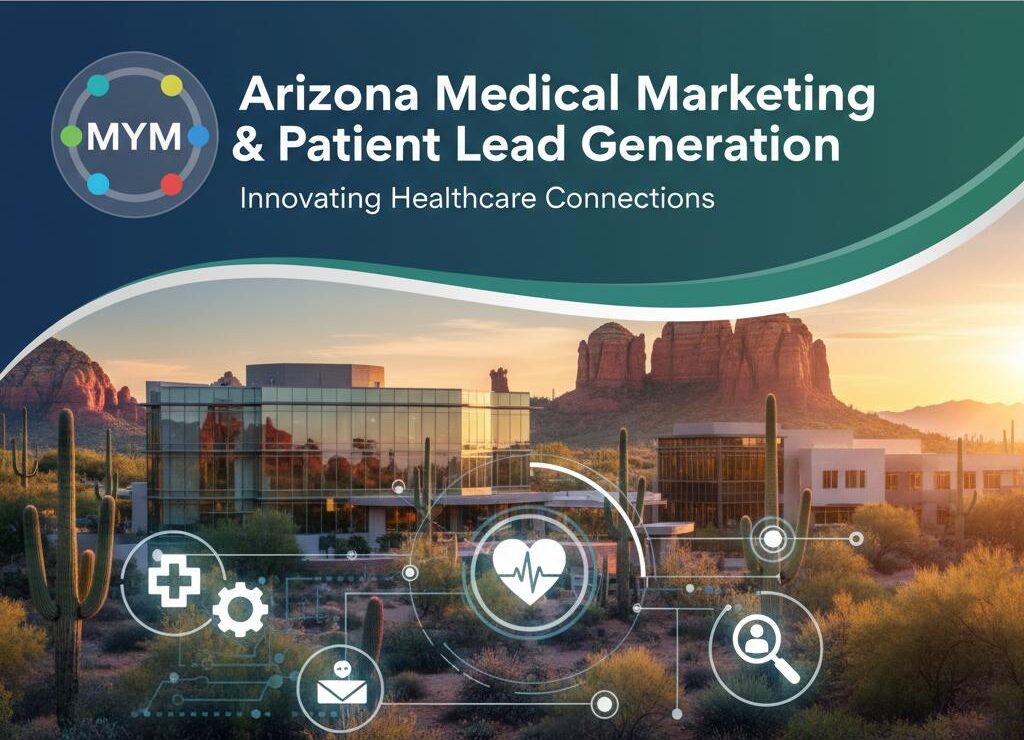 Arizona medical marketing and patient lead generation graphic featuring healthcare icons and a modern medical facility against a desert backdrop, emphasizing innovative healthcare connections.