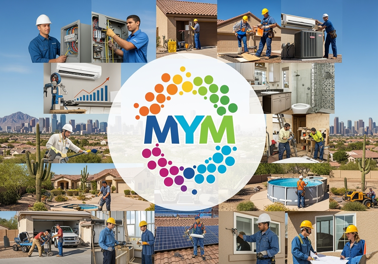 Home improvement and construction services in Arizona, featuring skilled workers in various settings, including HVAC installation, plumbing, and remodeling, with the Minding Your Media logo prominently displayed.