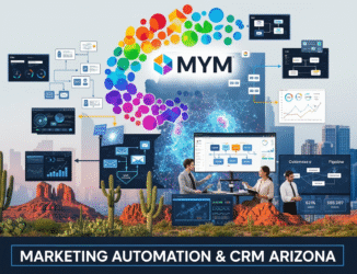 Marketing Automation & CRM setup illustration featuring data flow diagrams, analytics screens, and team collaboration in a desert landscape, emphasizing Minding Your Media's services in Arizona.