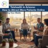 Telehealth in Arizona: Group discussion on attracting patients online, featuring diverse individuals in a modern setting with a desert view.