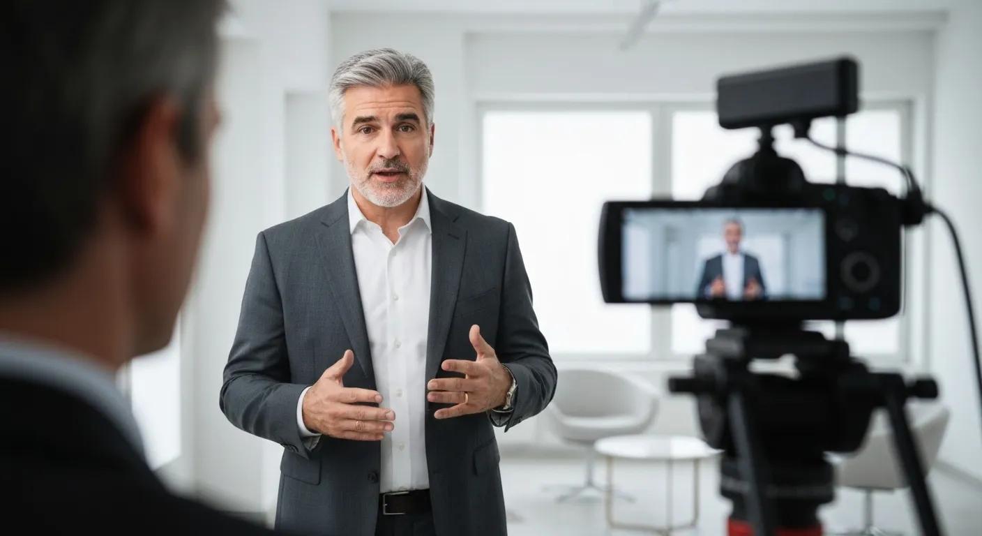 Man in a suit speaking to a camera in a well-lit office setting, illustrating video marketing for personal injury lawyers in Arizona.