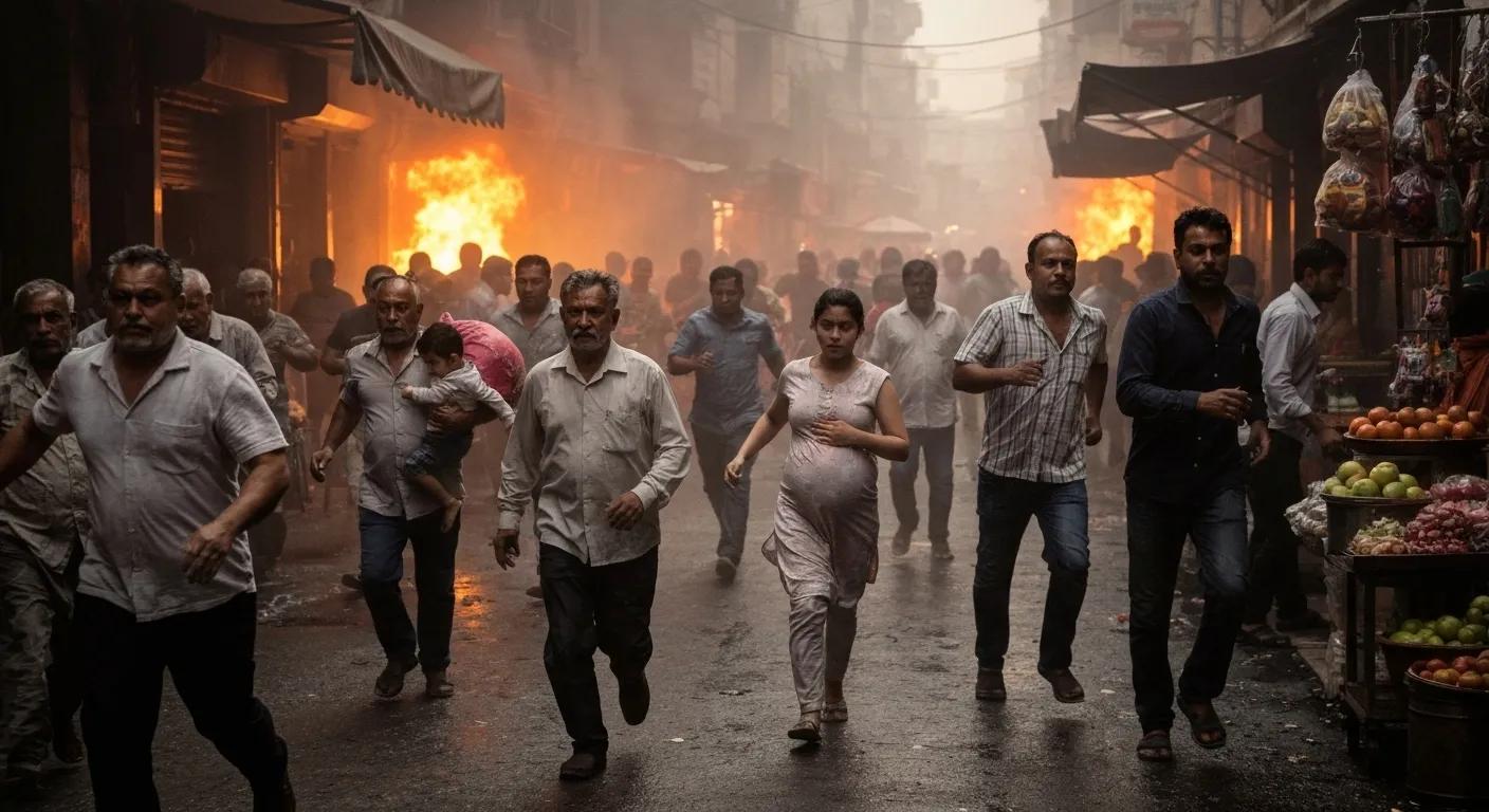 Crowd of people fleeing a street engulfed in flames, with a visibly pregnant woman among them, illustrating urgency and chaos in an emergency situation.
