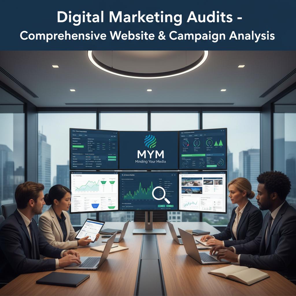 Digital marketing audit meeting with team analyzing comprehensive website and campaign data on multiple screens, featuring Minding Your Media logo and performance graphs.