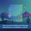 Illustration of Arizona map with marketing icons and cacti, highlighting strategies for managing franchise marketing across multiple locations.