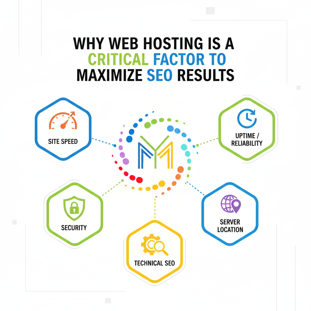 Why web hosting is a critical factor to maximize SEO results, featuring site speed, security, uptime/reliability, technical SEO, and server location icons with colorful design elements.