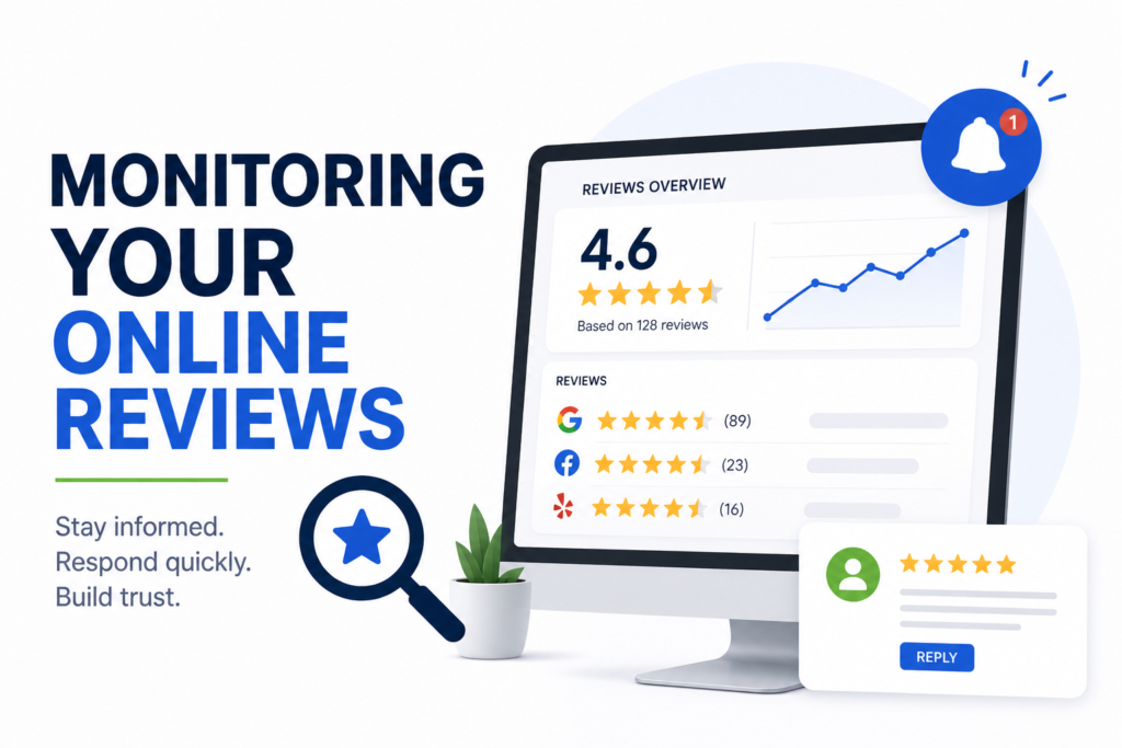 Online review monitoring dashboard showing ratings and feedback for reputation management.