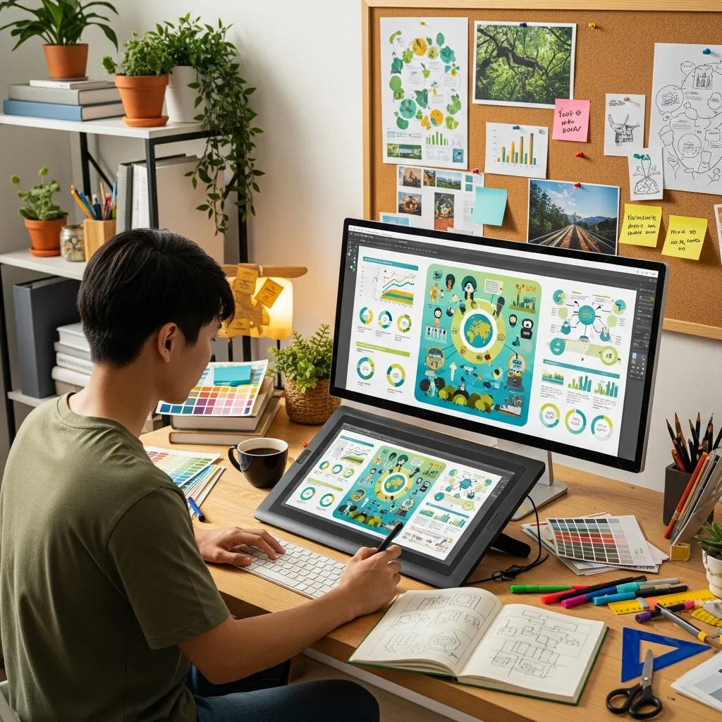 Designer creating infographic design on screen in bright workspace with colorful data visualizations.