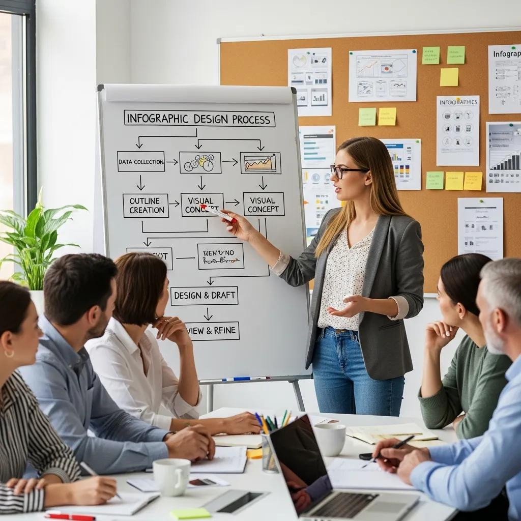 Designer explaining infographic design process flowchart to clients, illustrating data visualization workflow.