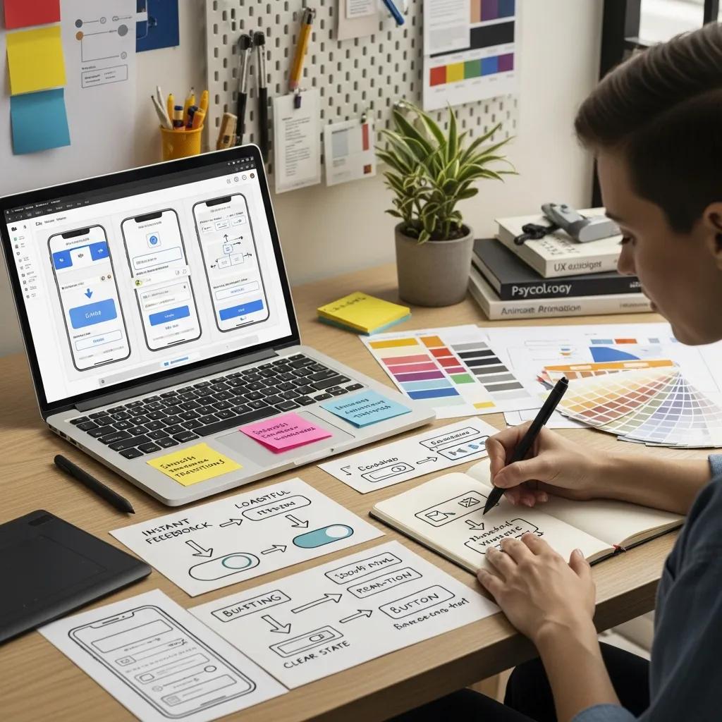 Designer working on micro-interaction design best practices in a creative workspace, laptop displaying app interface and sketches.