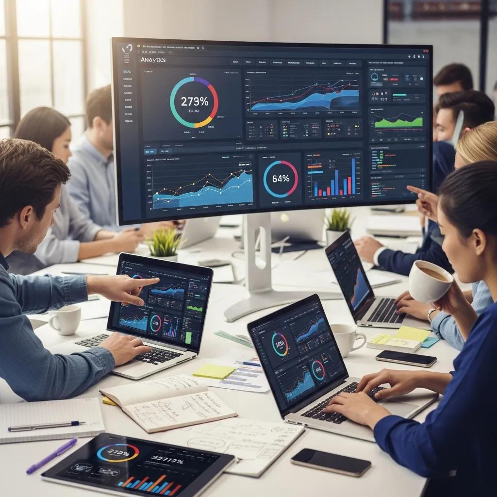 Digital marketing team analyzing branding performance metrics in a collaborative workspace