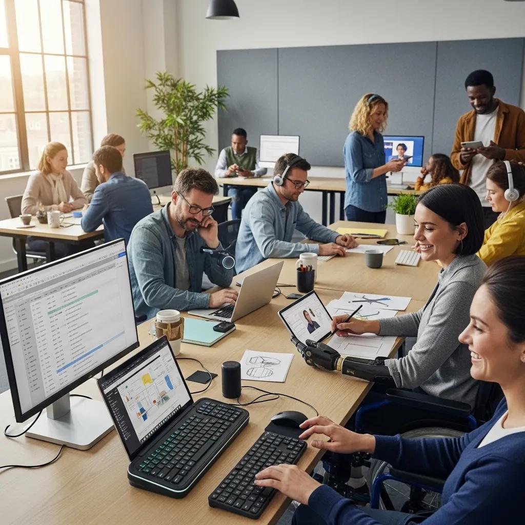 Diverse individuals using accessible technology in a modern workspace, promoting ADA compliance and enhancing user experience for people with disabilities.