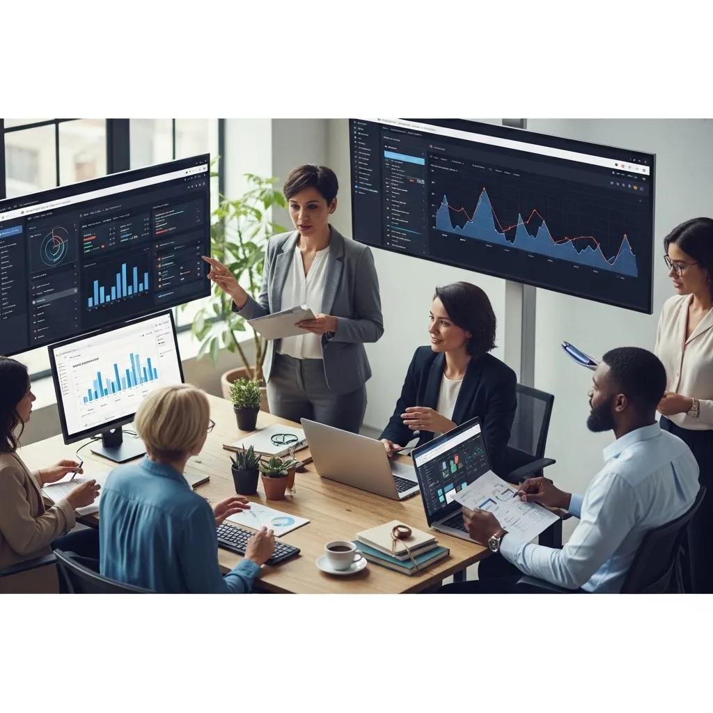 Diverse marketing team collaborating on digital strategy, data analytics, and brand positioning in a modern office.