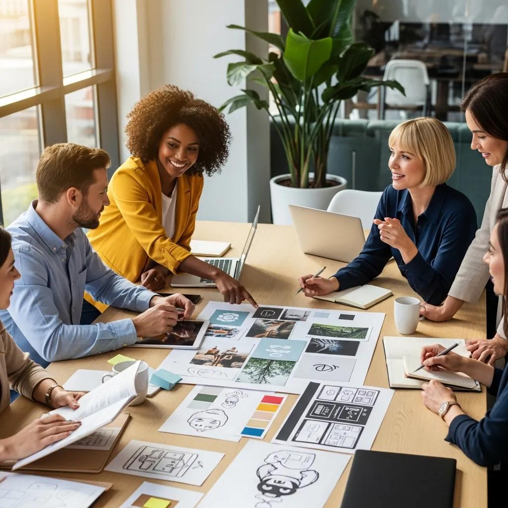 Diverse professionals collaborating on brand strategy in a modern office setting.