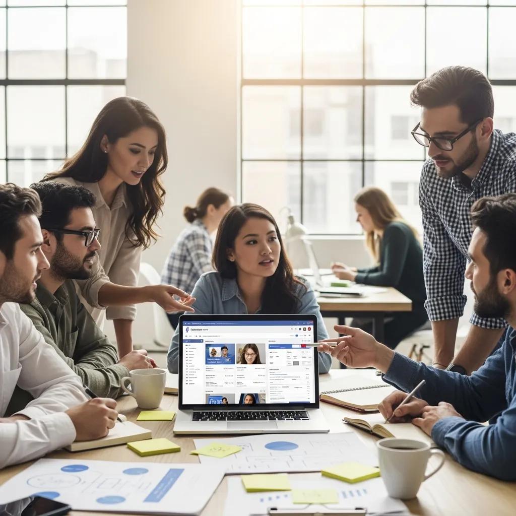 Diverse team collaborating on Facebook advertising strategies in a modern office, reviewing Facebook ad campaign data.