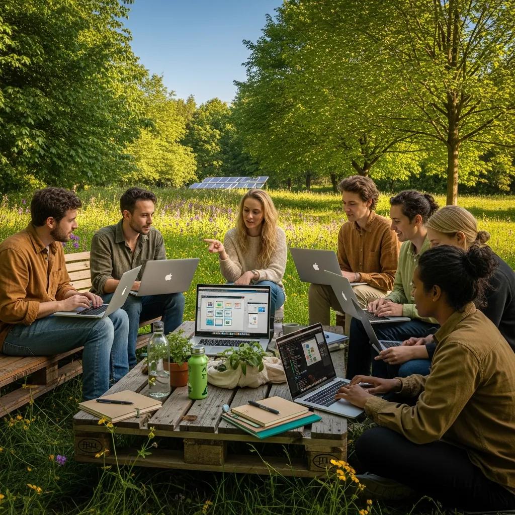 Group of people working on laptops outdoors, representing sustainable web design practices