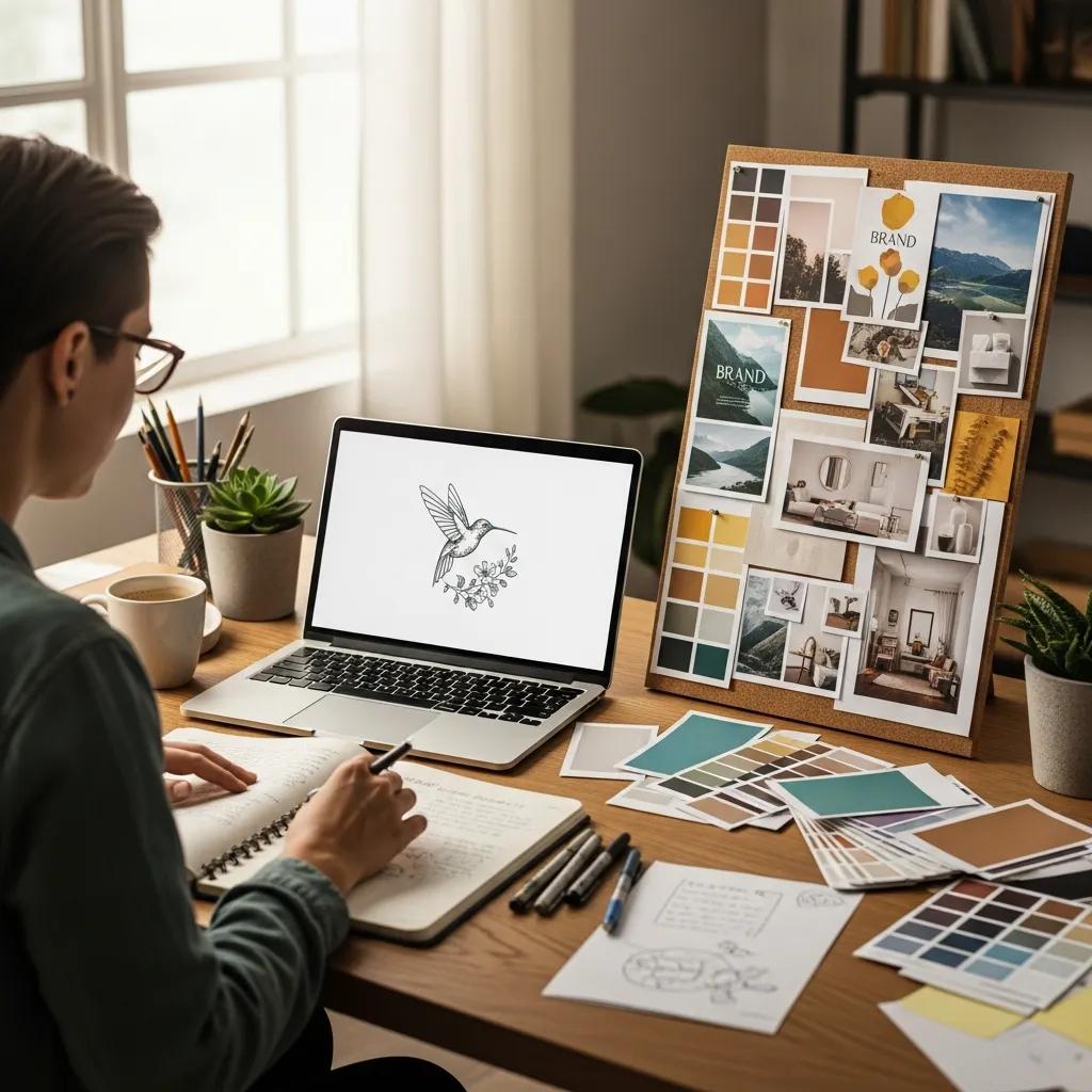 Small business owner designing brand identity elements at a creative workspace