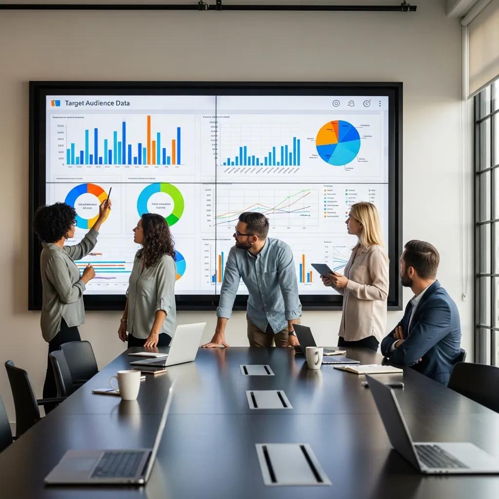 Team analyzing target audience data and insights in a collaborative workspace for brand strategy development.