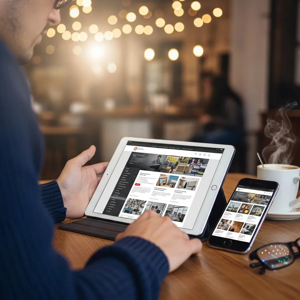 User interacting with a responsive website on tablet and smartphone in a cozy caf&eacute;
