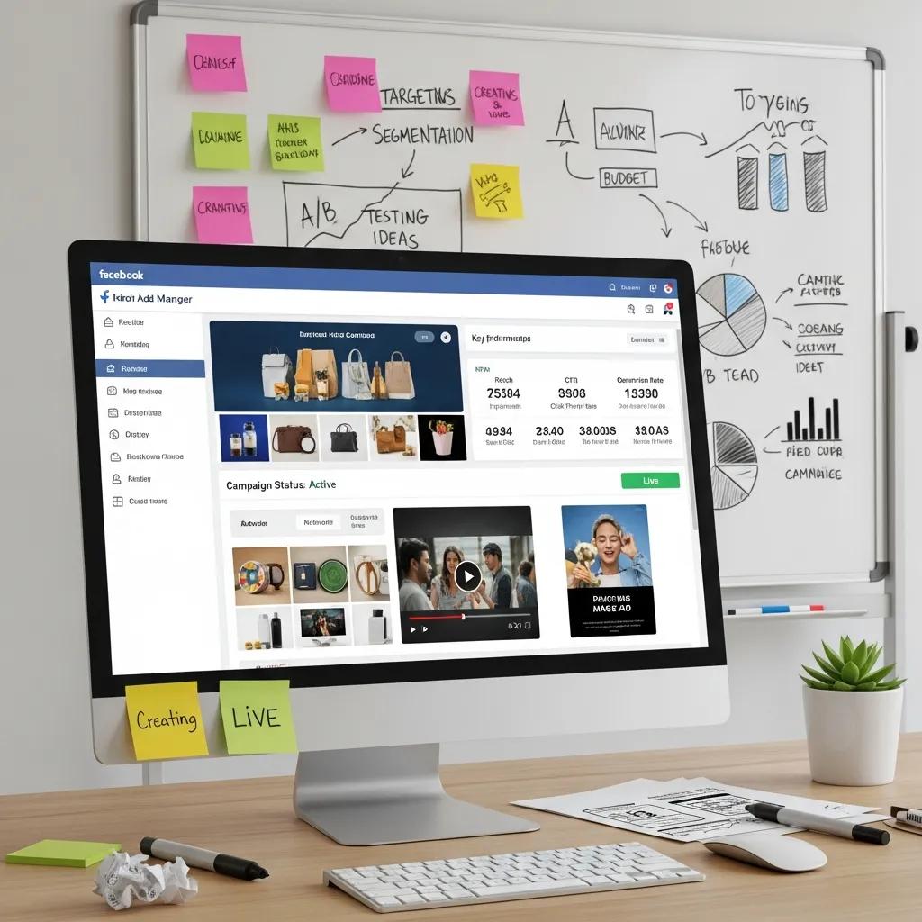 Facebook ad campaign setup diagram illustrating key components: objectives, audiences, creative, budget, and measurement.