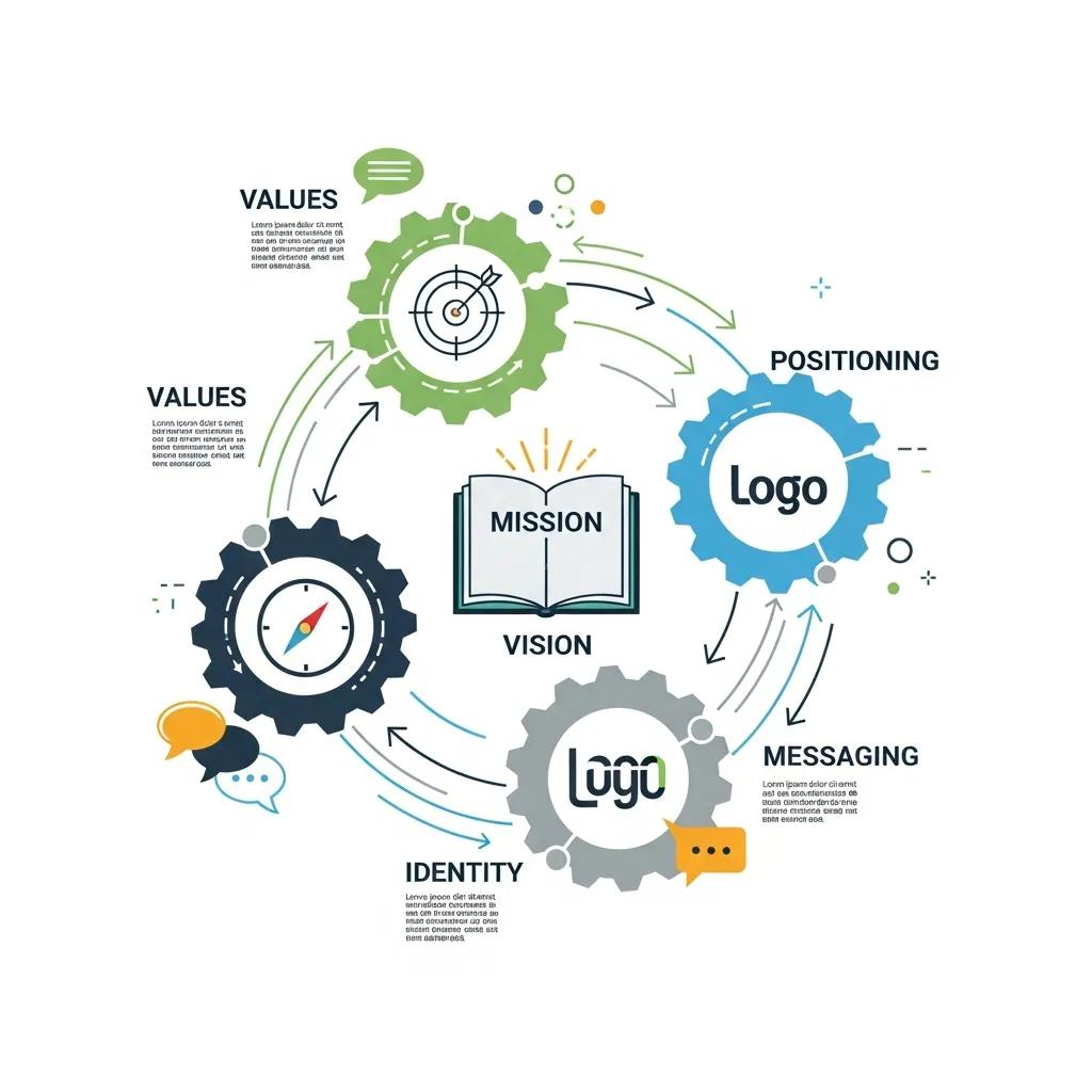 Brand strategy components diagram: mission, vision, values, positioning, identity, and messaging guidelines.