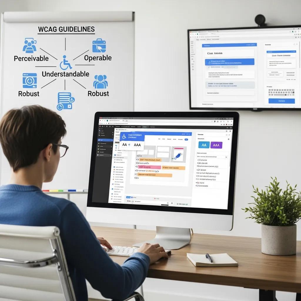 Web designer using software to focus on WCAG guidelines for accessibility, featuring Perceivable, Operable, Understandable, and Robust principles displayed on a screen, with coding elements visible.