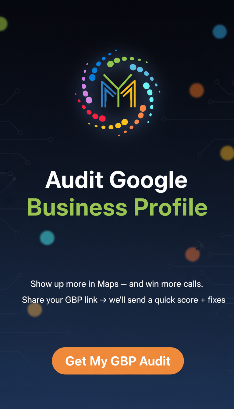 Audit Google Business Profile graphic featuring Minding Your Media logo, promotional text encouraging users to improve visibility in Maps, and a call-to-action button for a GBP audit.