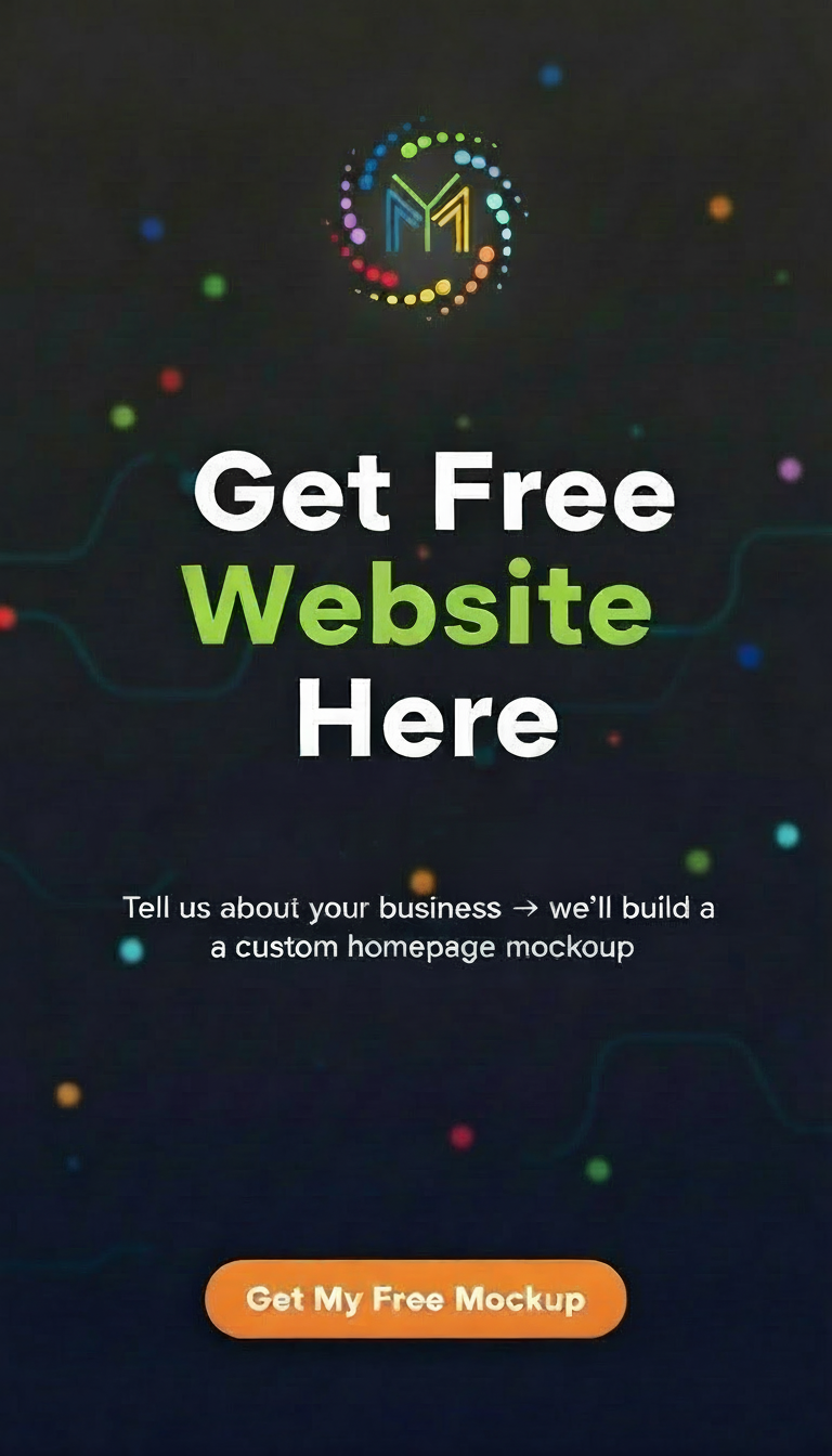 Get free website mockup from Minding Your Media, featuring colorful design elements and call-to-action button for custom homepage creation.