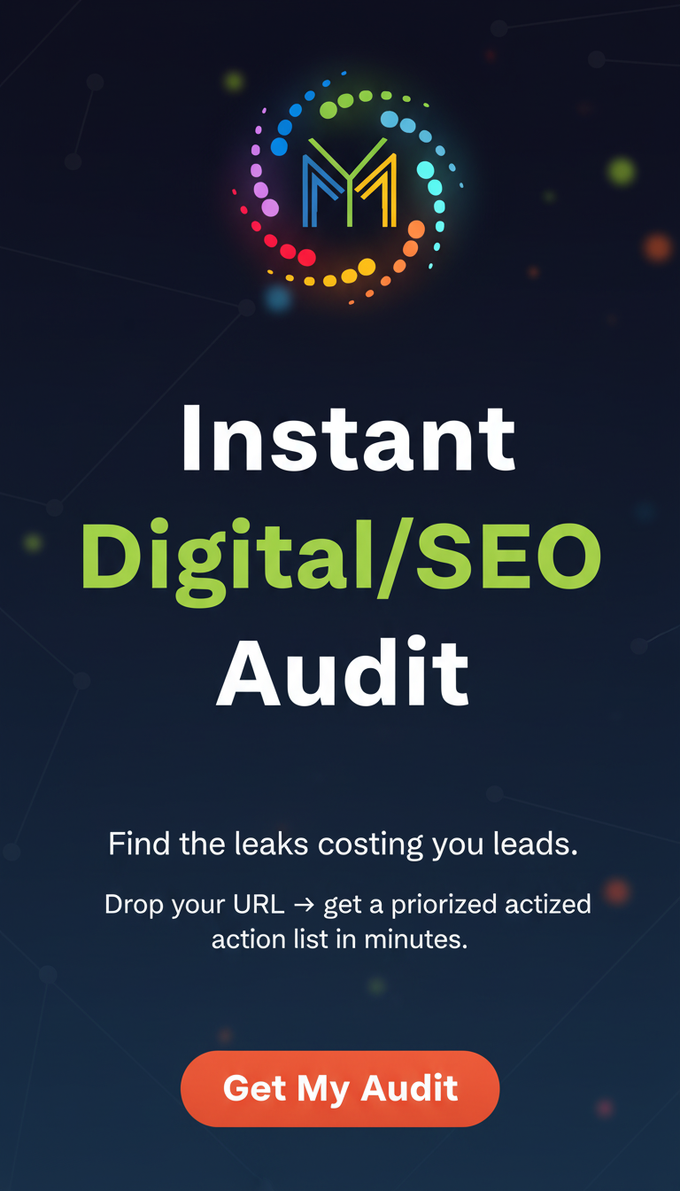 Instant Digital/SEO Audit graphic featuring Minding Your Media logo, call-to-action text encouraging users to drop their URL for a prioritized action list, on a dark background with colorful accents.