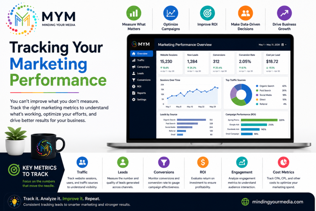 Marketing performance dashboard showing website traffic, leads, conversions, ROI, and engagement metrics for data-driven business growth.