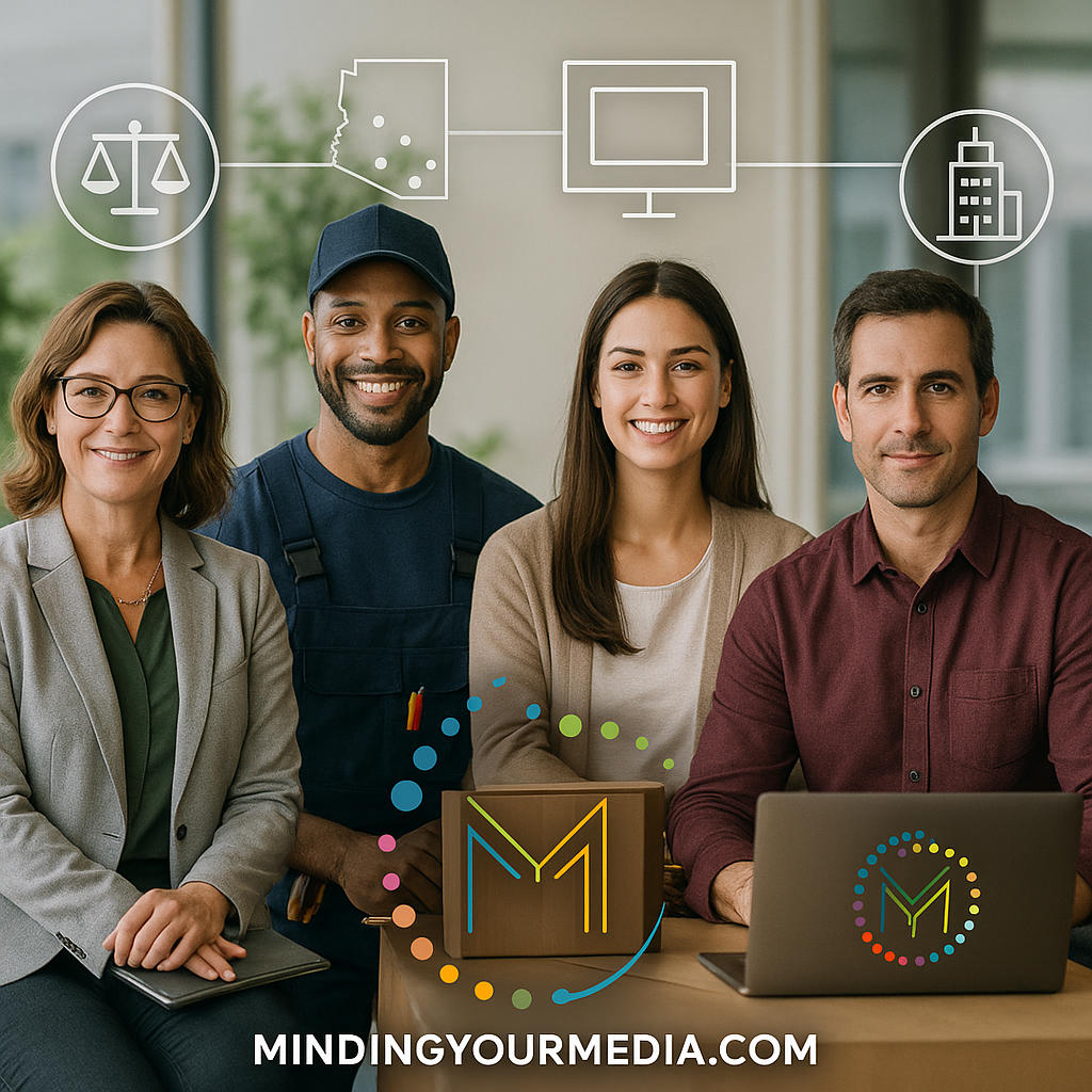 Diverse team and Arizona business icons illustrating AI marketing agency strategies for lead generation and growth.