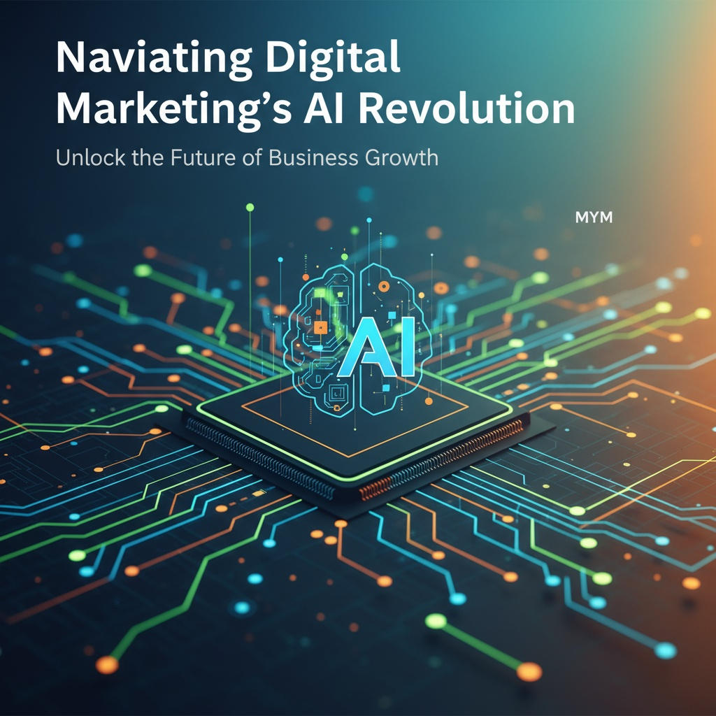 AI-powered marketing revolution and digital growth, featuring a circuit board brain graphic.