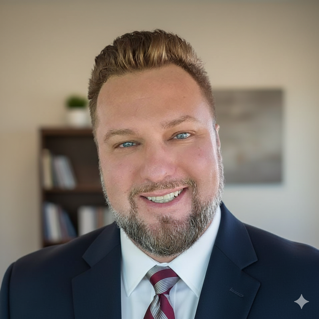 Scott Hashisaki, founder of Minding Your Media, in a navy suit and burgundy tie, providing marketing strategy.